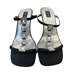 VINTAGE Black Satin Heels with Rhinestone Accents